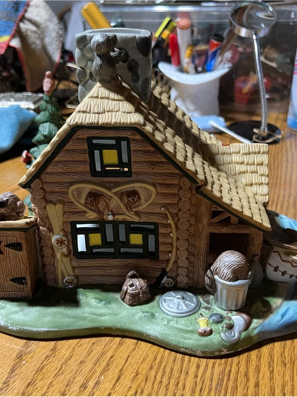 PartyLite Hand-Painted Ceramic Log Cabin Accent in Brown, Green, Yellow
